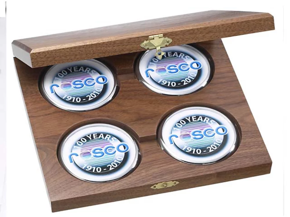 Walnut Wood Presentation Cases w/4 Round Solid Chrome Coasters