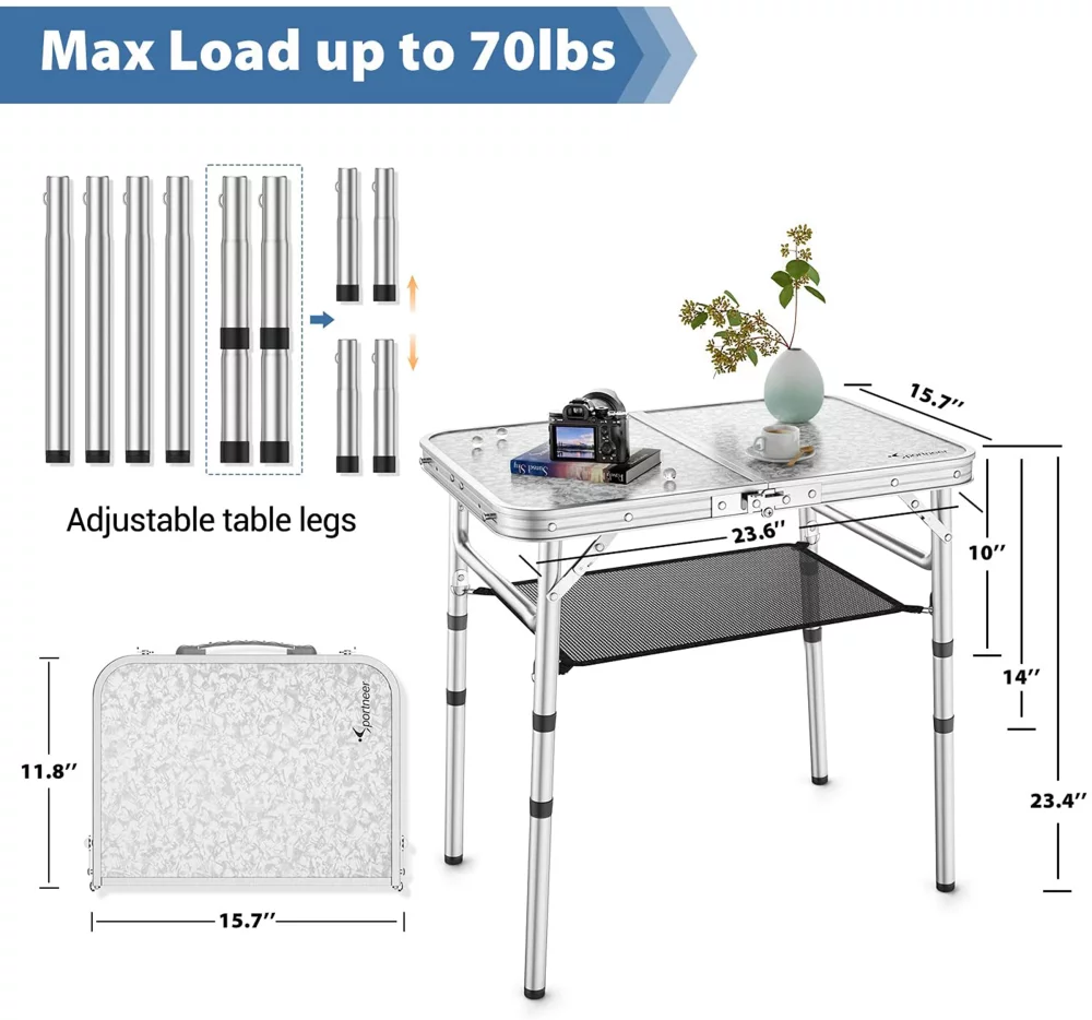 Table de camping à hauteur réglable avec couche en maille