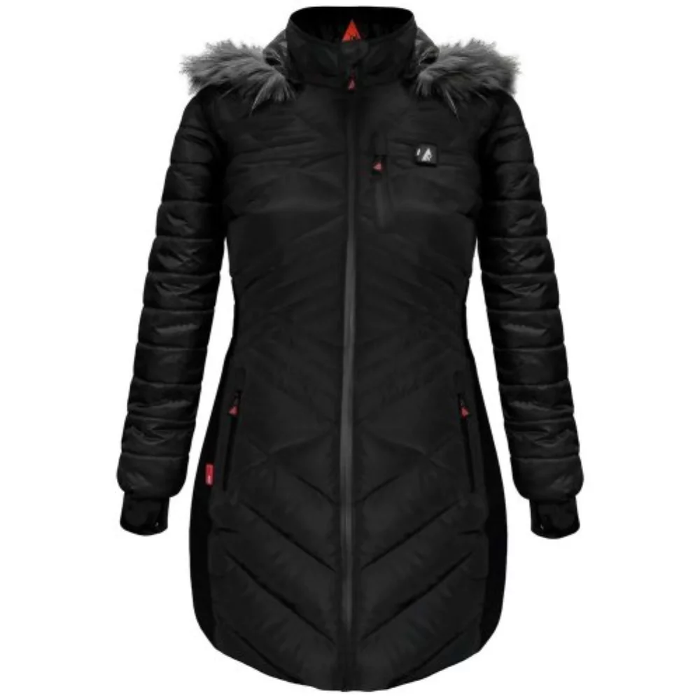Manteau long matelassé chauffant pour femme avec capuche en fourrure et batterie 5V - noir, XS