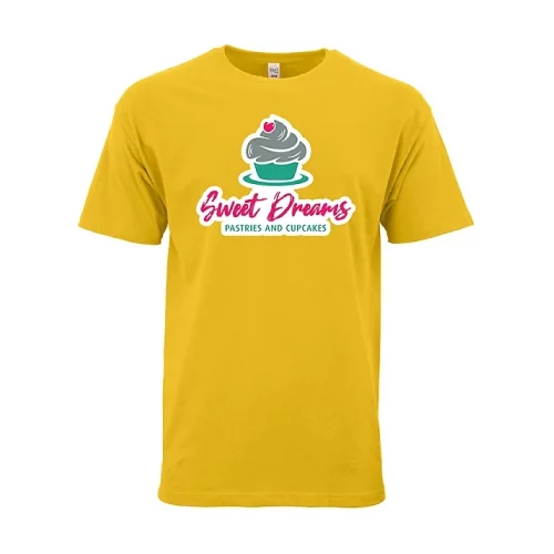 T-shirt doux en coton 100% M&O unisexe, couleur or, sérigraphié.
