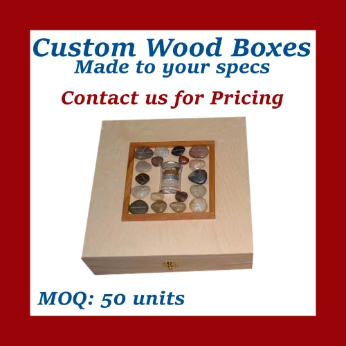 Boîte en bois personnalisée avec des pierres de rivière imprimées et un produit intégré - Fabriquée sur commande, faibles quantités minimales