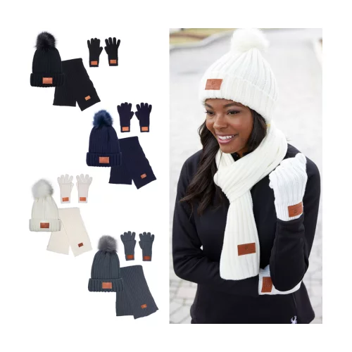 Ensemble d'hiver Leeman™ en tricot côtelé avec pompon en fourrure, 3 pièces