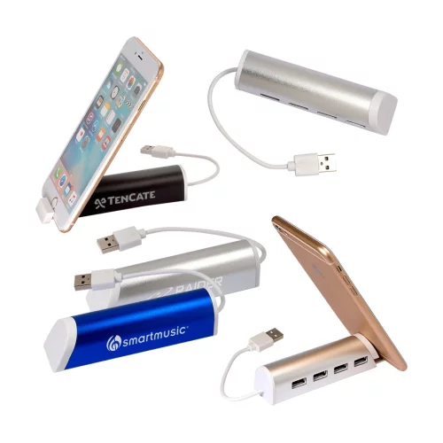 Concentrateur USB 4 ports en aluminium avec support pour téléphone