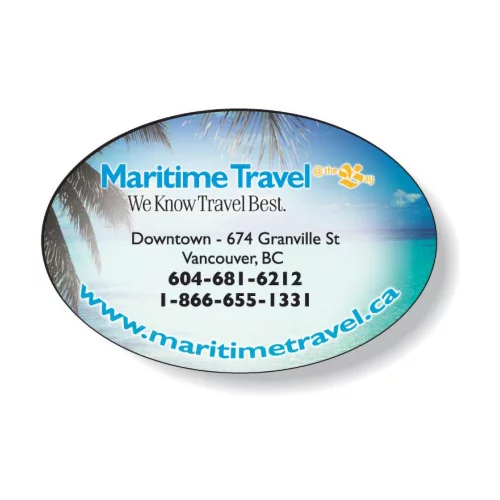 Aimant ovale en stock (2"x3"), .020, haute résolution, couleur pleine, couche supérieure en vinyle blanc.