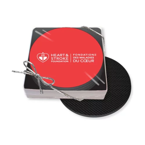 Gift Boxed Set of 4 Premium Round Coasters .010 Frosted Plastic Top & 3/32" Rubber base Full Colour