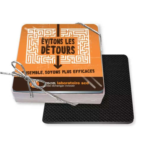 Gift Boxed Set of 4 Premium Square Coasters .010 Frosted Plastic Top & 3/32" Rubber base Full Colour