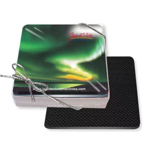 Gift Boxed Set of 4 Premium Square Coasters .020 Gloss Plastic Top & 3/32" Rubber