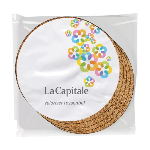 Set of 4 Premium Coasters .100 Gloss Copolyester Top & 1/16" cork base Round Full Colour Imprint