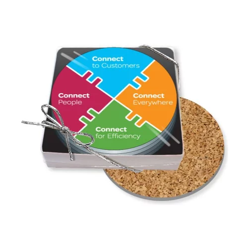 Gift Boxed Set of 4 Premium Round Coasters .060 Gloss Copolyester Top & 1/16" cork base Full Colour
