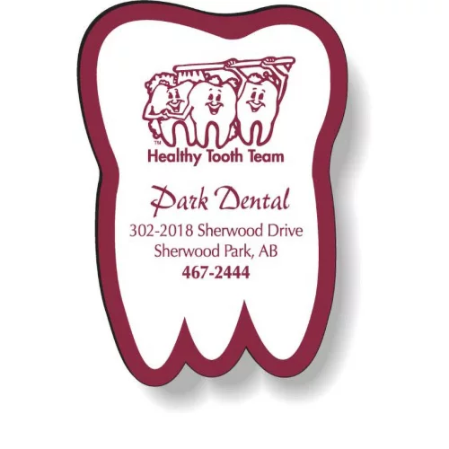 Aimant dentaire en stock .020 (1,625" x 2,375") Impression en couleur spot Vernis mat blanc en vinyle