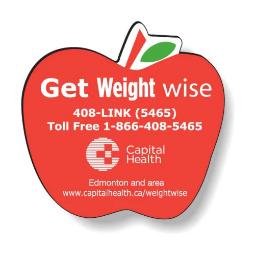 Aimant Apple en stock .020 (2,25" x 2,31"), revêtement supérieur en vinyle mat blanc sérigraphié.