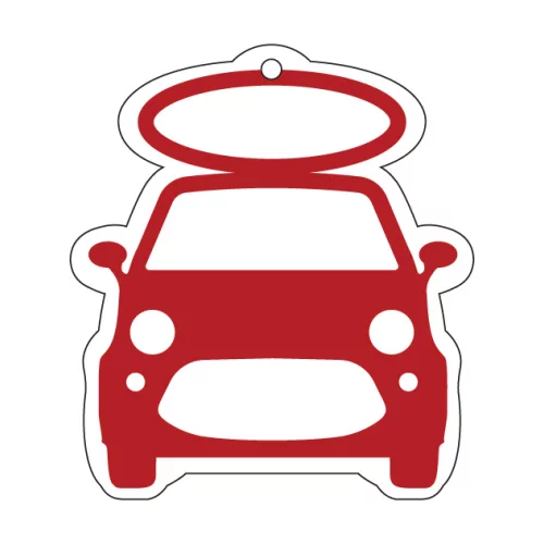 Désodorisant suspendu en forme de voiture surdimensionnée avec un dessus ovale.