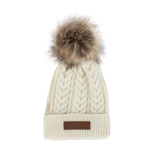 Cable Knit Beanie With Faux Fur Pom