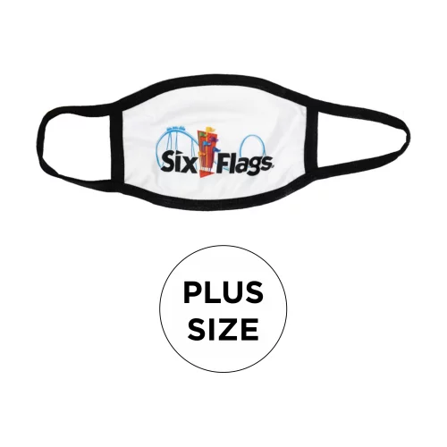 Masque plat 2 plis en polyester blanc de couleur pleine avec bordure noire, taille plus, avec élastiques fixes.