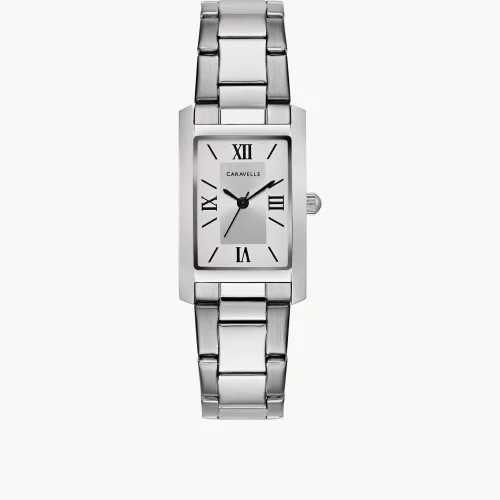 Montre pour femme de la collection Caravelle® avec boîtier en argent et cadran rectangulaire.