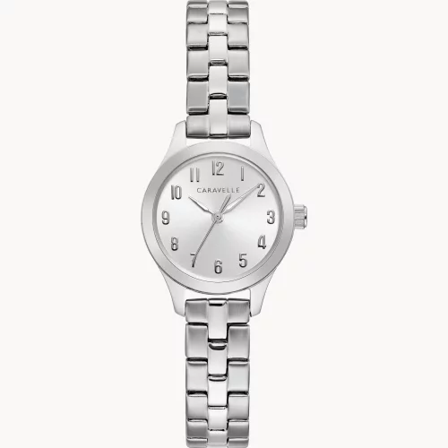 Montre traditionnelle pour femme de la collection Caravelle® en argent avec cadran rond argenté et blanc.
