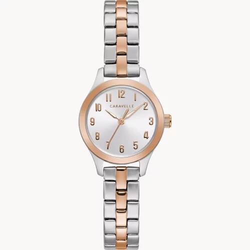 Montre traditionnelle pour femme de la collection Caravelle® en argent avec des accents en or rose.