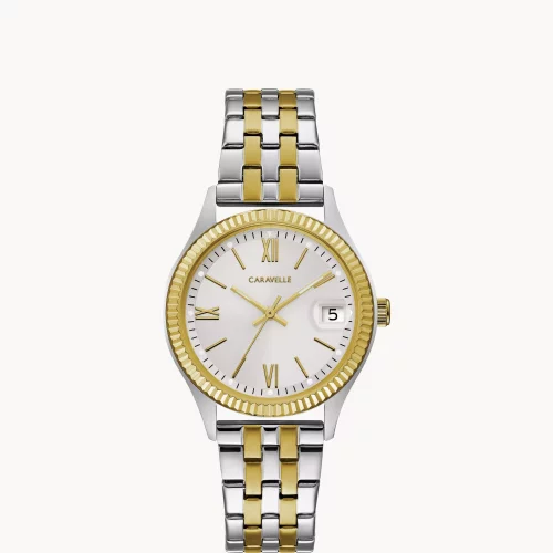 Montre pour femme de la collection Caravelle® avec bracelet bicolore et cadran texturé.
