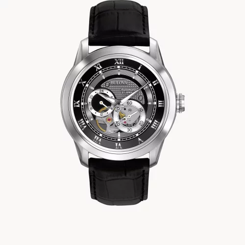 Montre automatique Bulova® Classic Collection pour homme, modèle Sutton en argent avec bracelet en cuir noir.