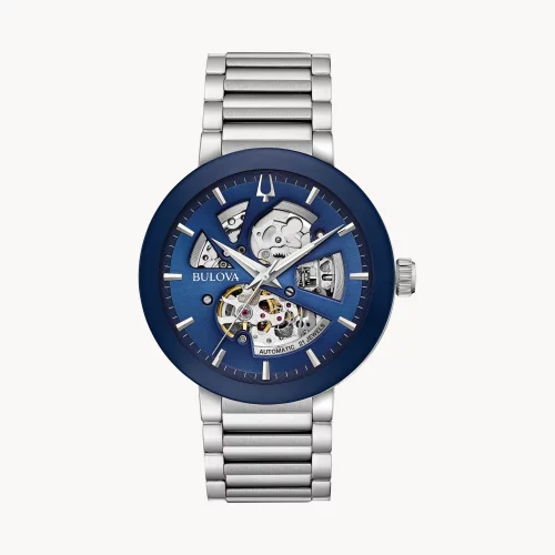 Montre automatique Bulova® Modern Collection pour hommes avec boîtier en argent et cadran à ouverture bleue.
