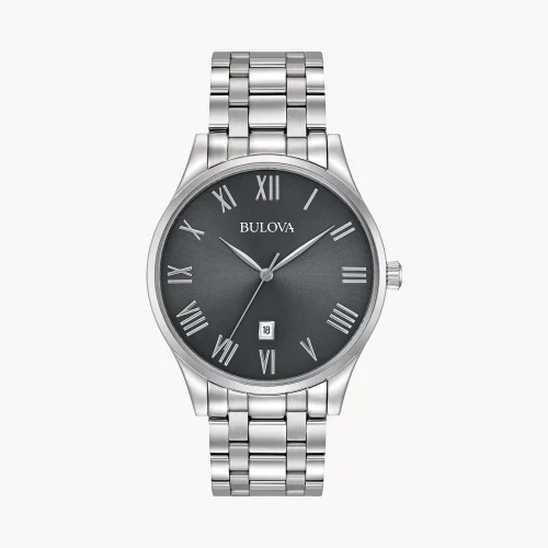 Montre pour homme de la collection classique Bulova® avec cadran rond gris en métal gris arme.