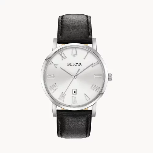Montre Bulova® Classic Collection pour homme, American Clipper en argent avec bracelet en cuir noir.