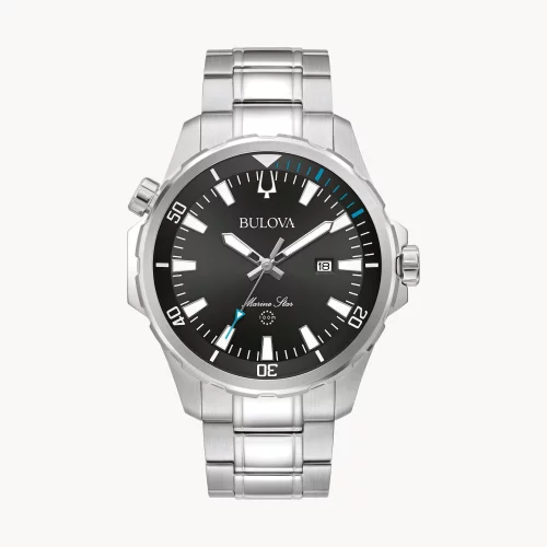 Montre pour homme Bulova® Marine Star® Collection en argent avec cadran rond noir soleillé.