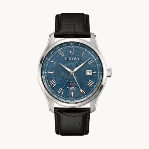 Montre automatique GMT Bulova® Classic Collection pour homme avec cadran argenté et carte du monde