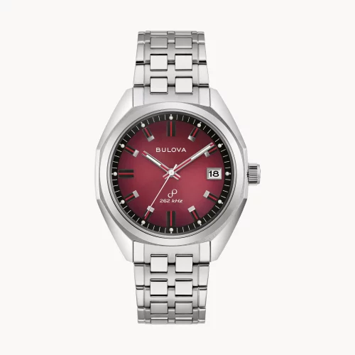 Montre Bulova® Classic Collection pour hommes, modèle Silver Jet Star avec cadran rond rouge.