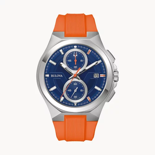 Montre chronographe Bulova® de la collection Marc Anthony pour hommes avec boîtier en argent et cadran rond bleu.
