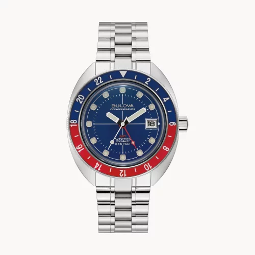 Montre automatique GMT pour hommes de la collection Bulova® Oceanographer avec cadran bleu rond