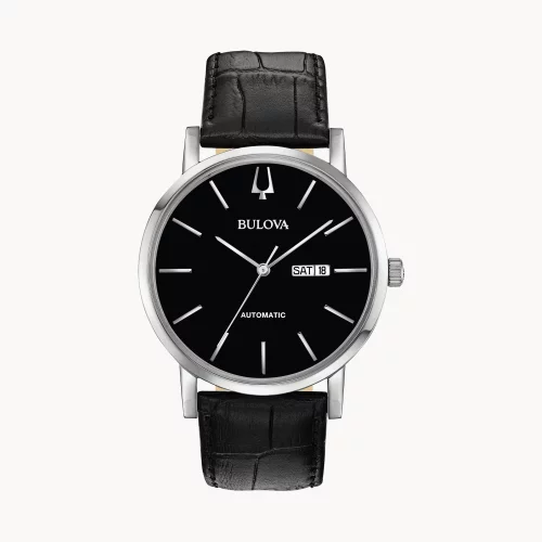 Montre automatique américaine Bulova® Classic Collection pour homme avec bracelet en cuir et cadran argenté.