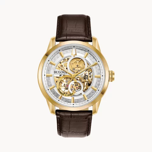 Montre automatique Bulova® Classic Collection pour homme, modèle Sutton en or avec bracelet en cuir marron.