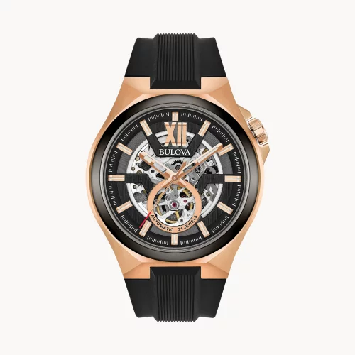 Montre automatique pour homme de la collection Bulova® Maquina en or rose avec bracelet en silicone.