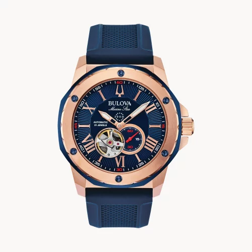 Montre automatique pour homme de la collection Bulova® Marine Star® en or rose avec bracelet en silicone bleu.
