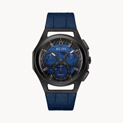 Montre noire pour homme de la collection Bulova® CURV avec bracelet en cuir grainé façon alligator