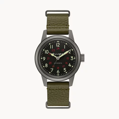 Montre automatique Bulova® de la collection militaire pour hommes avec bracelet en cuir vert
