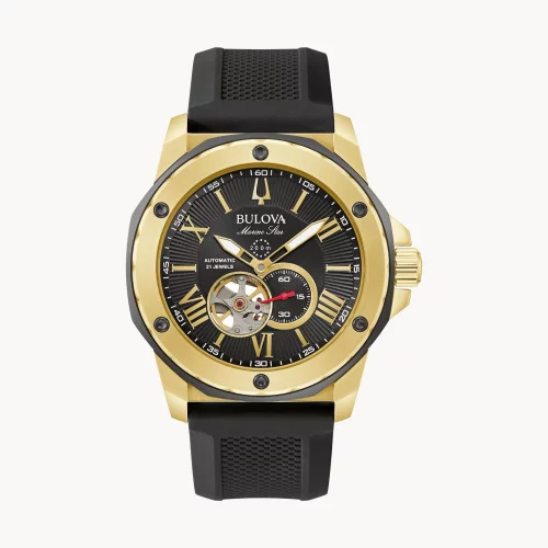 Montre automatique pour homme de la collection Bulova® Marine Star® avec bracelet en silicone noir.