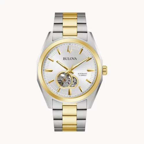 Montre automatique pour homme de la collection classique Bulova® Surveyor à deux tons avec cadran à ouverture argentée.