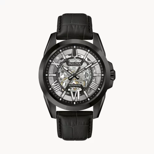 Montre automatique Bulova® Classic Collection pour homme, modèle Sutton noir avec cadran rond argenté.