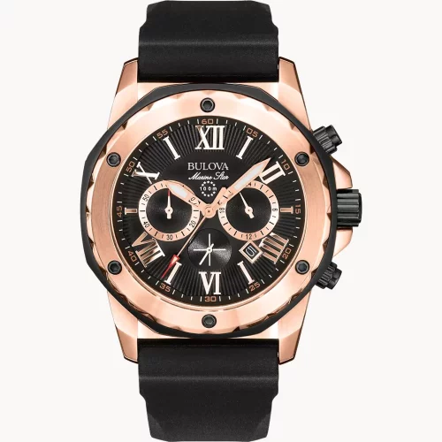 Montre chronographe Bulova® Marine Star® pour homme de la collection en or rose avec bracelet en silicone.