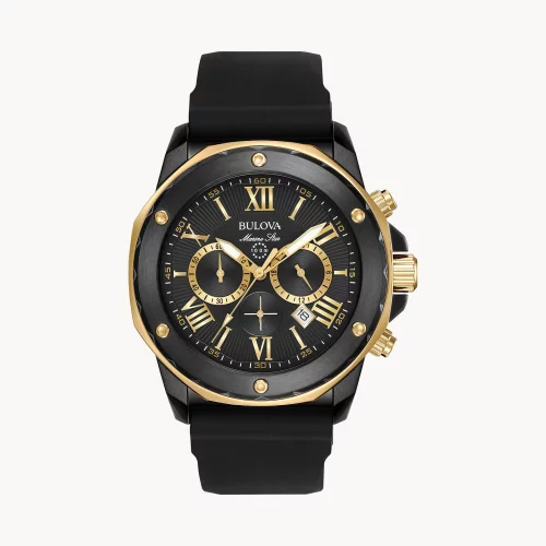 Montre chronographe noire pour homme de la collection Bulova® Marine Star® avec accents dorés.