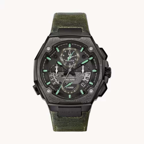 Montre noire pour homme de la collection Bulova® Series X SE avec bracelet en cuir vert.