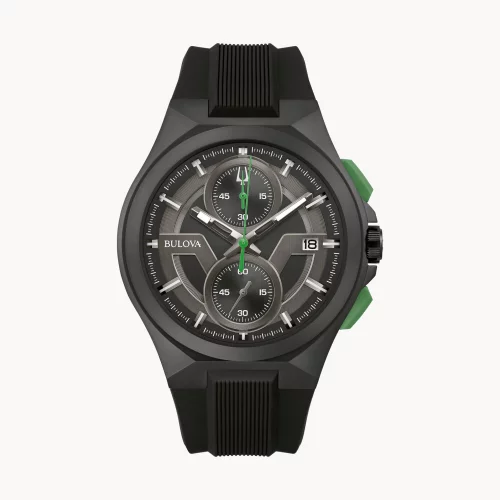 Montre chronographe noire pour homme de la collection Bulova® Maquina avec bracelet en silicone noir.