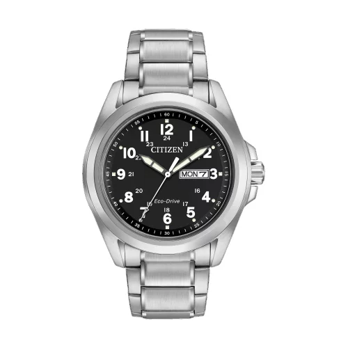 Montre Citizen® pour homme, modèle Garrison en argent avec cadran rond noir.