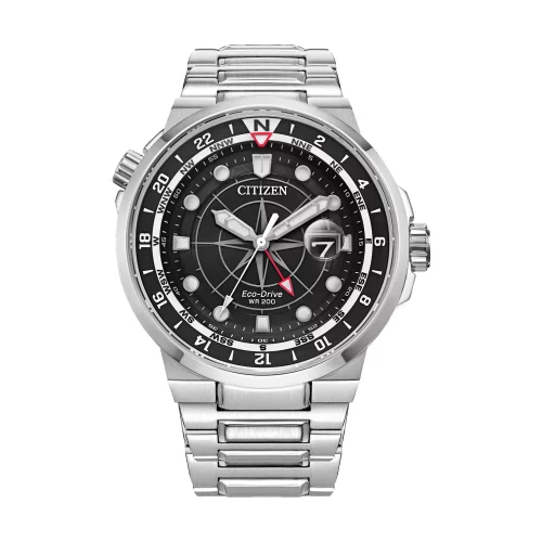 Montre Citizen® Sport Luxury Collection pour homme, modèle Endeavor GMT en argent avec cadran noir rond.