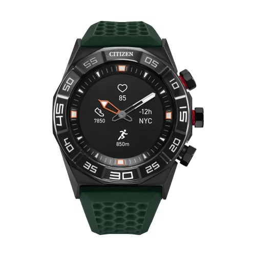 Collection de montres intelligentes Citizen® pour hommes, montre hybride intelligente CZ avec bracelet en silicone vert.