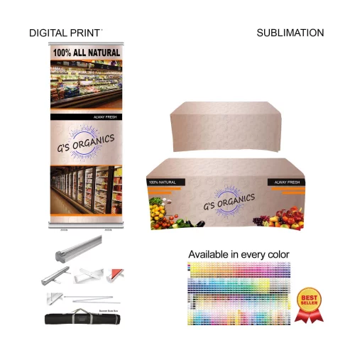 Most Popular Tradeshow Package, Premium Retractable Banner + Sublimated Tablecloth for 6' table