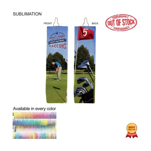 Serviette de golf en mélange de coton éponge velours pelucheux, pliée en trois avec œillet et crochet, sublimée.