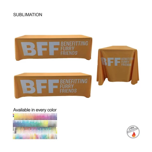 Sublimated PREMIUM Table Cloth for 8' table, Drape style, 4 sided, Closed Back, Rounded Corners
